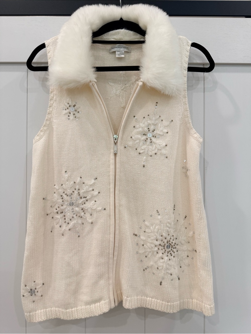 Christopher & Banks Ivory Knit Vest w/ snowflakes and removable Faux Fur Trim!